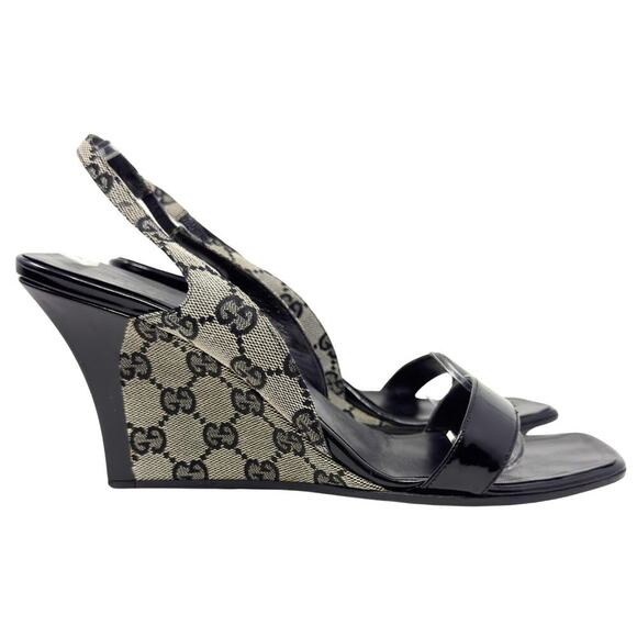 Gucci GG Logo Monogram Supreme Guccissima Black Canvas Leather Heels Sandals 9.5 - Picture 5 of 11